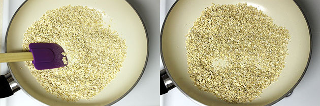 Collage of 2 images showing roasting oats with stirring with spatula.