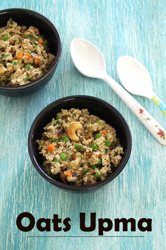 Oats upma served in 2 bowls with 2 spoons on the side.