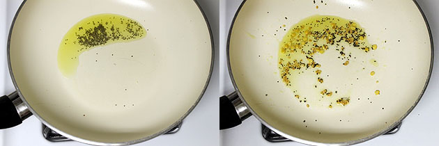 Collage of 2 images showing tempering of mustard seeds and urad dal.