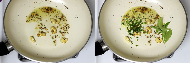 Collage of 2 images showing roasting cashews and adding curry leaves and green chili.