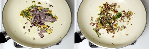 Collage of 2 images showing adding and cooking onions.
