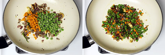 Collage of 2 images showing adding and mixing peas and carrots.