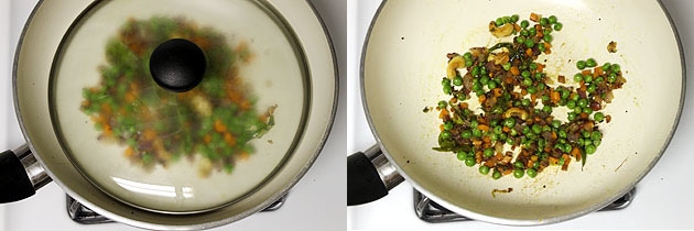 Collage of 2 images showing cooking covered and cooked veggies.