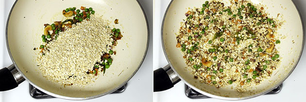 Collage of 2 images showing adding oats and mixed.