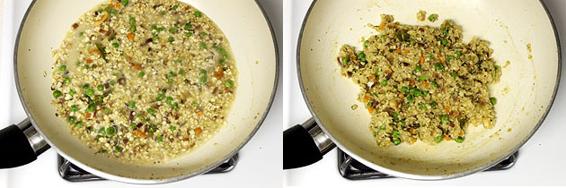 Collage of 2 images showing adding water and cooked.