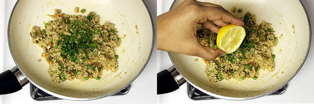 Collage of 2 images showing adding cilantro and lemon juice.