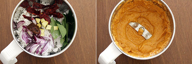 Collage of 2 images showing adding chutney ingredients in the grinder and ground into paste.