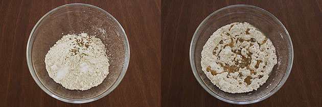 Collage of 2 images showing flour and ajwain in a bowl and adding oil.