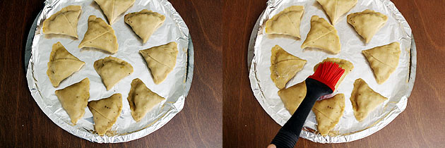 Collage of 2 images showing unbaked samosa on a baking tray and brushing with oil.