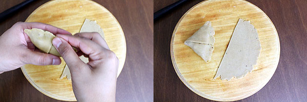Collage of 2 images showing sealing the edges using hand and ready samosa on a rolling board.
