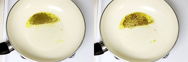 Collage of 2 images showing adding cumin seeds and sesame seeds in the oil.