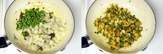 Collage of 2 images showing adding and mixing boiled potatoes and peas.