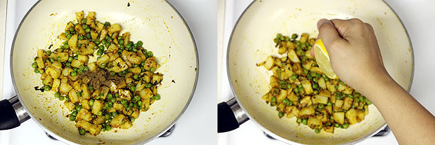 Collage of 2 images showing adding garam masala and lemon juice.