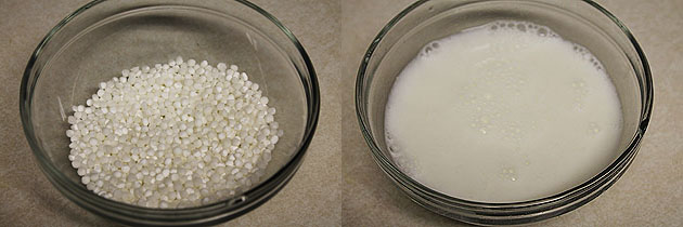 Collage of 2 images showing soaking sabudana in buttermilk.