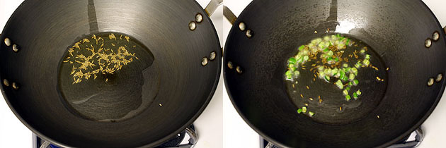 Collage of 2 images showing tempering cumin seeds and green chilies.