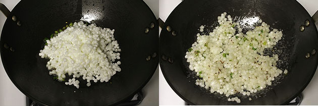Collage of 2 images showing adding and cooking sabudana.