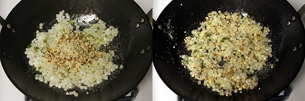 Collage of 2 images showing adding crushed peanuts and mixing.