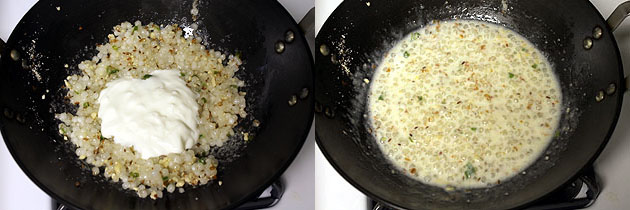 Collage of 2 images showing adding seasonings and yogurt.