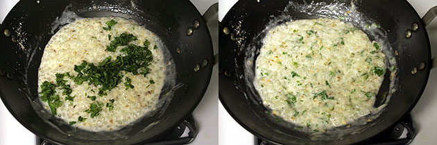 Collage of 2 images showing adding and mixing cilantro.