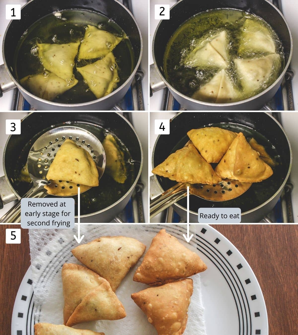 Collage of 5 images showing frying samosa, stages of half fry and ready to eat samosa.