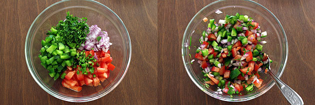 Collage of 2 images showing veggies in a bowl and mixed with a spoon.
