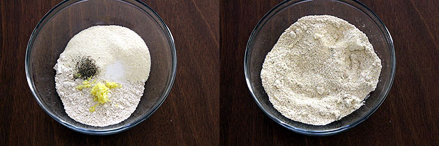Collage of 2 images showing oats flour, semolina, salt, pepper and ginger in a bowl and mixed.