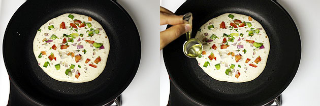 Collage of 2 images showing topping with veggies and drizzling oil.