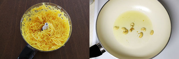 Collage of 2 images showing grating pumpkin in food processor and frying cashews.