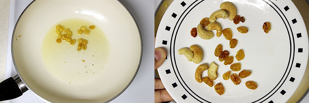 Collage of 2 images showing frying raisins and removing in a plate with cashews.