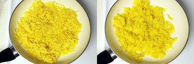 Collage of 2 images showing adding and cooking grated pumpkin.