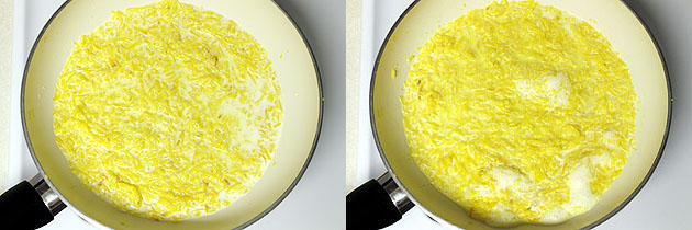 Collage of 2 images showing adding milk and cooking.