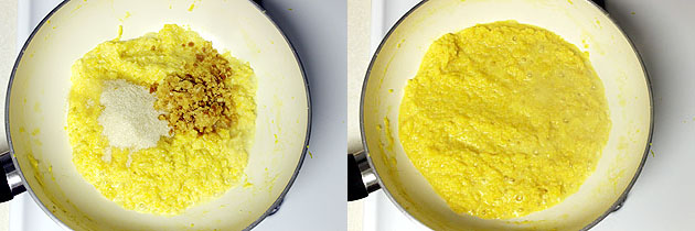 Collage of 2 images showing adding sugar and jaggery and mixed.