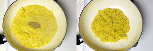 Collage of 2 images showing adding cardamom powder and cooked.