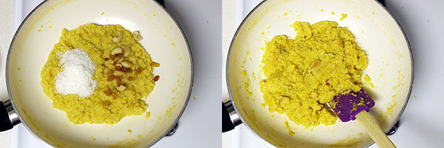 Collage of 2 images showing adding coconut and fried cashew, raisins and mixed.