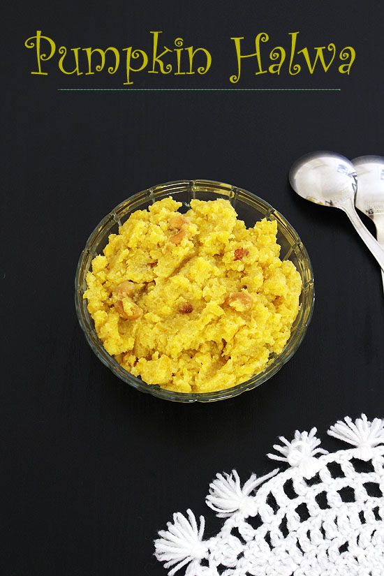 Pumpkin halwa in a bowl with 2 spoons.