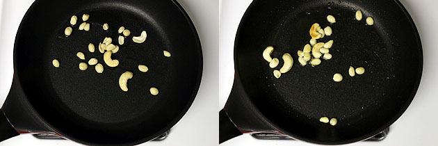 Collage of 2 images showing frying peanuts and cashews.