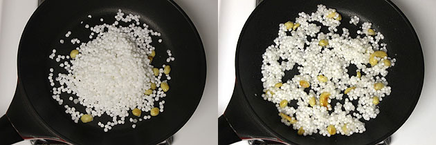 Collage of 2 images showing adding and cooking sabudana.