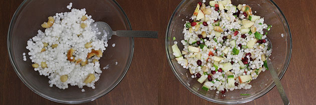 Collage of 2 images showing removing to a bowl, adding fruits and mixed.