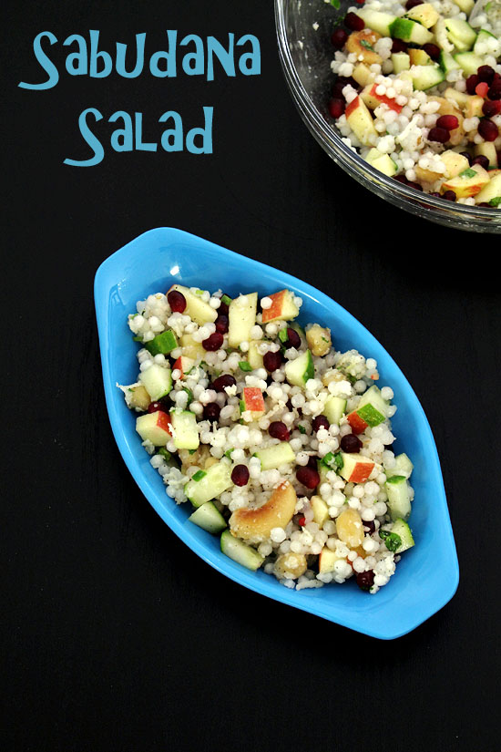 Sabudana salad served in a blue plate.