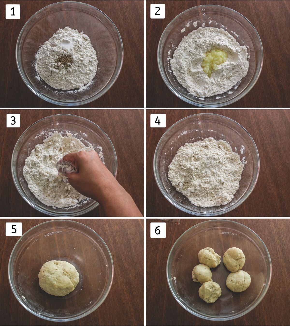 Collage of 6 images showing kneading dough for samosa, dividing into 5 parts.