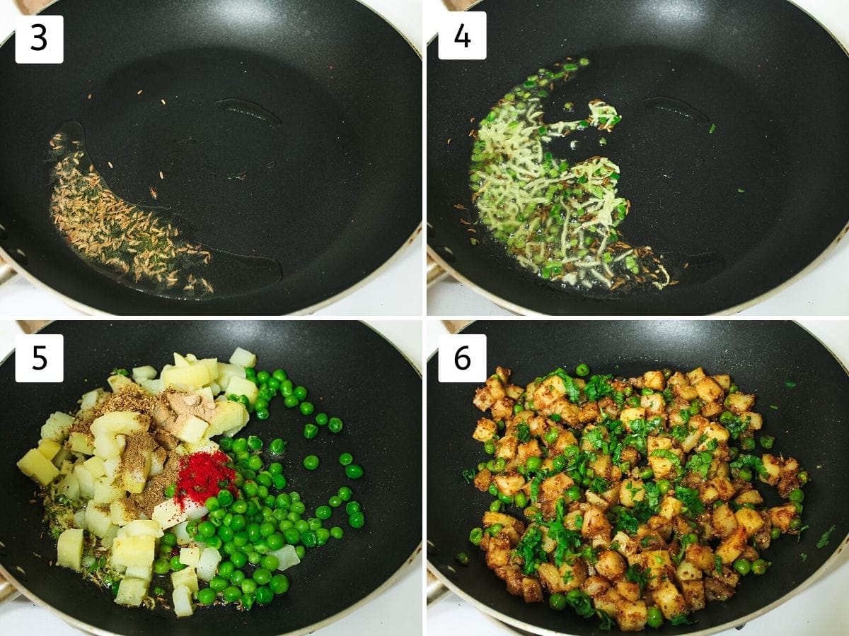 Collage of 4 images showing tempering cumin seeds, sauteing chili, adding, mixing veggies and spices.