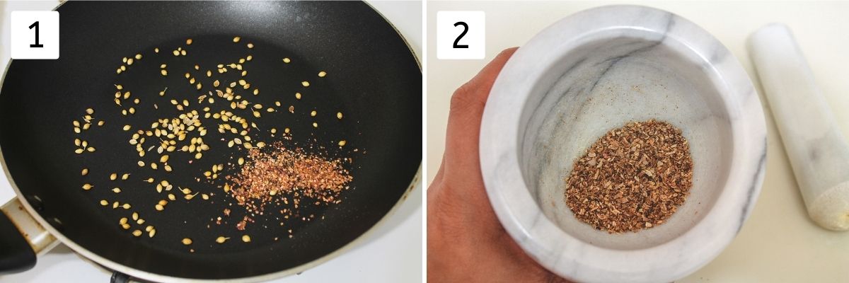 Collage of 2 images showing roasting coriander seeds and anardana, making powder in a mortar and pestle.