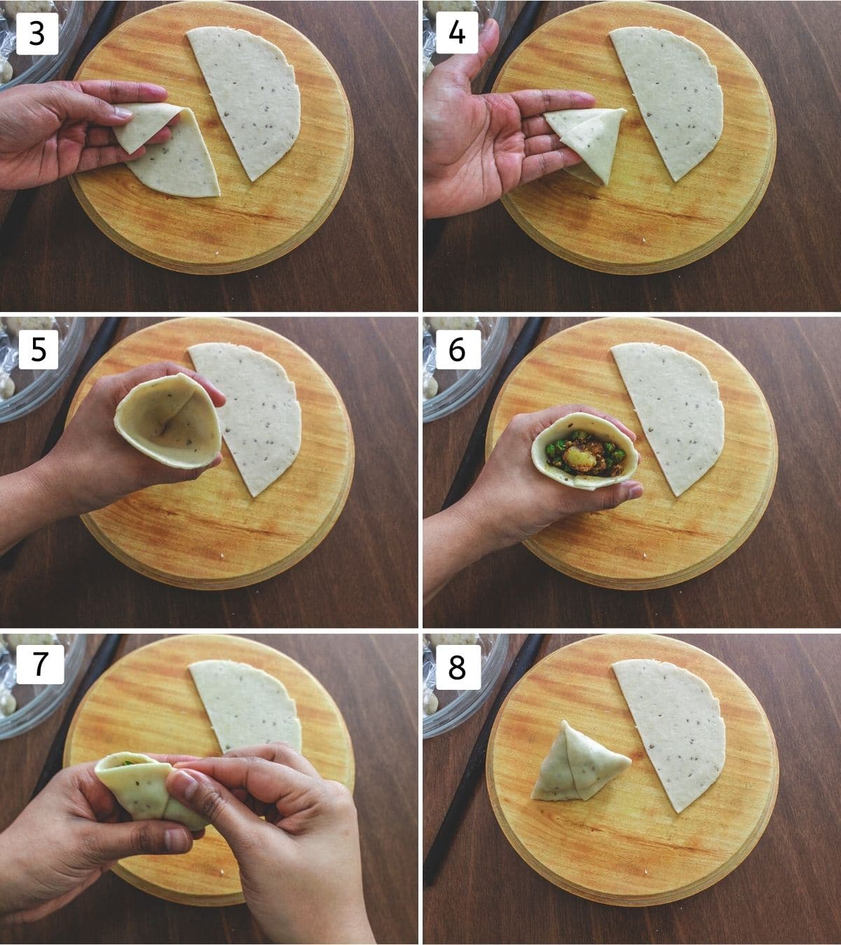 Collage of 6 images showing shaping and stuffing samosa.