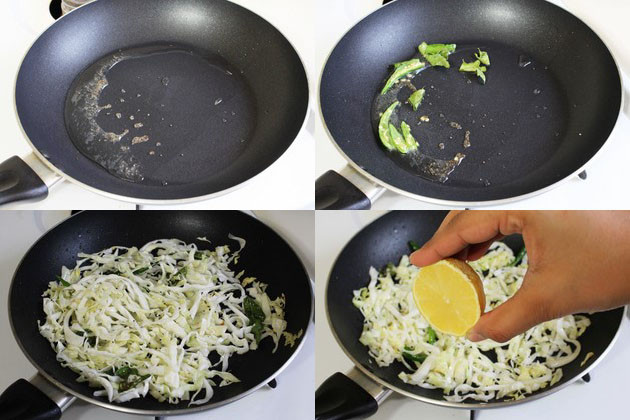 Collage of 4 images showing tempering and cooking shredded cabbage and squeezing lemon