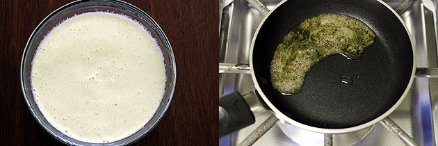 Collage of 2 images showing chutney removed in a bowl and tempering is made.