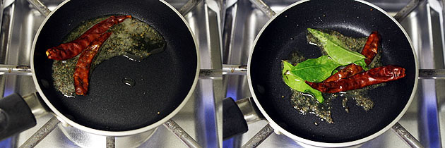 Collage of 2 images showing adding red chili and curry leaves in the tempering. 