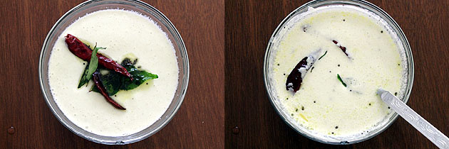 Collage of 2 images showing adding and mixing tempering to the chutney.