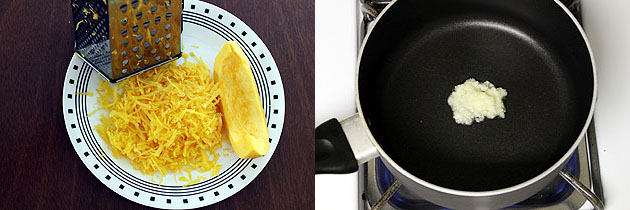 Collage of 2 images showing grating pumpkin and ghee in a pan.