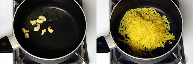 Collage of 2 images showing frying cashews and adding pumpkin. 