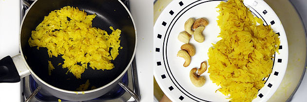 Collage of 2 images showing cooked pumpkin and fried cashews and cooked pumpkin in a plate.